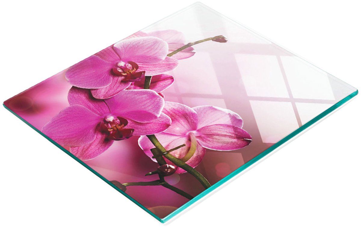 Glazen serveerplank met orchideeënmotief, 60x52 cm