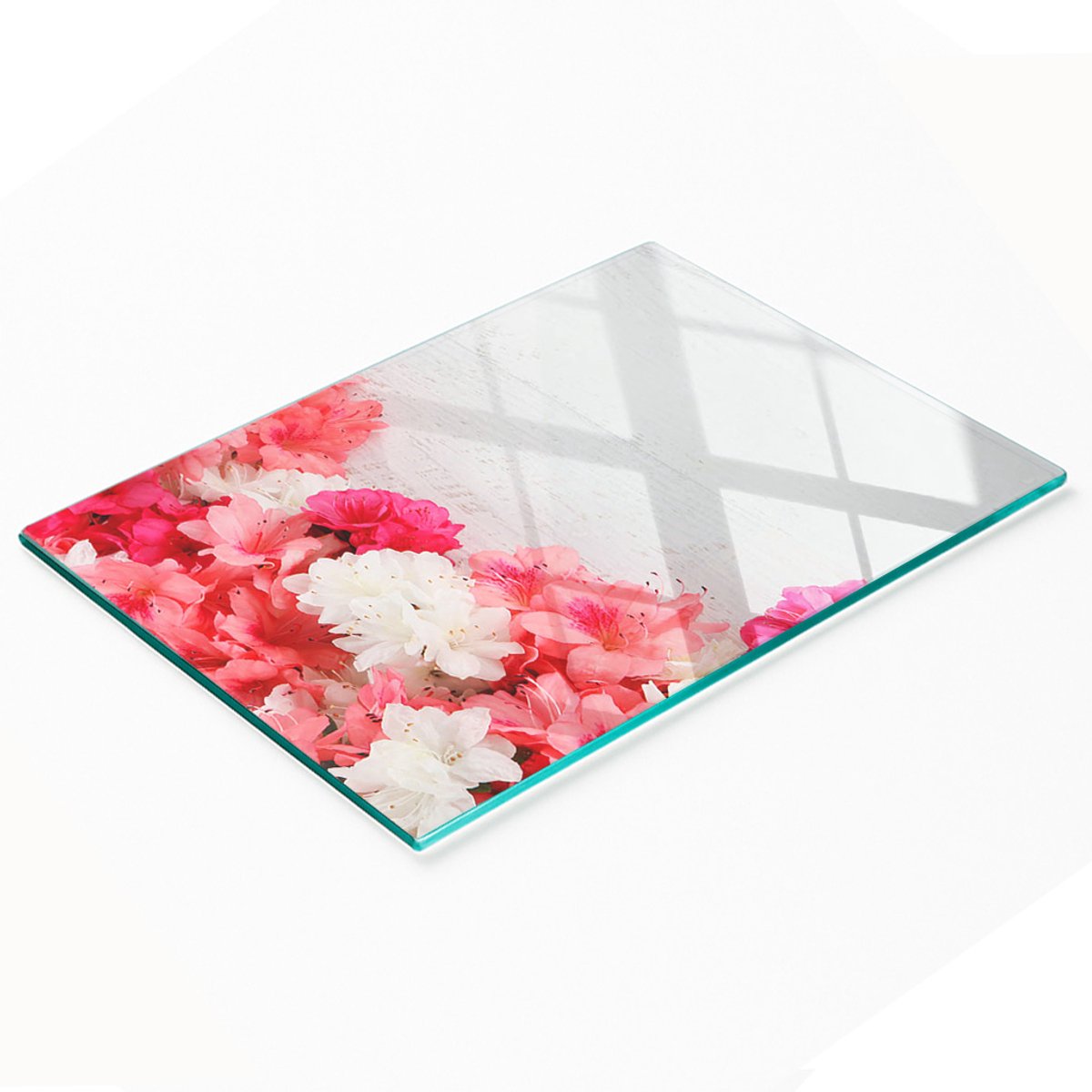 Multifunctioneel decoratief keukenbord van gehard glas met bloemenmotief, 80x52 cm