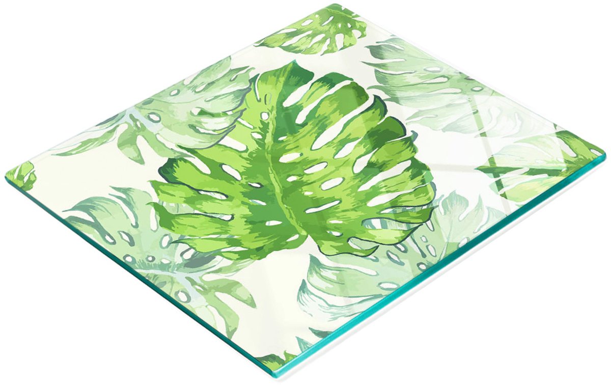 Keukenplank van gehard glas met tropische bladerenmotief, 60x52 cm