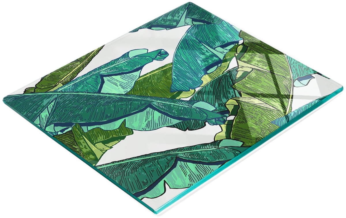 Decoratieve glazen snij- en serveerplank met bananenbladeren, 60x52 cm