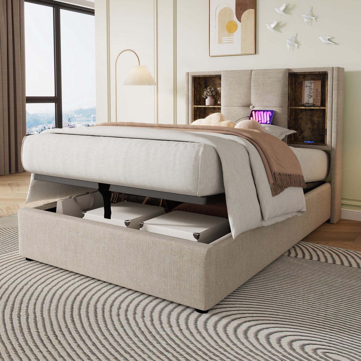 Wishdor - Eenpersoonsbed - Draadloos Opladen En Opbergruimte - Gestoffeerd - Slaapkamer - Linnen - Naturel - 90 x 200 cm