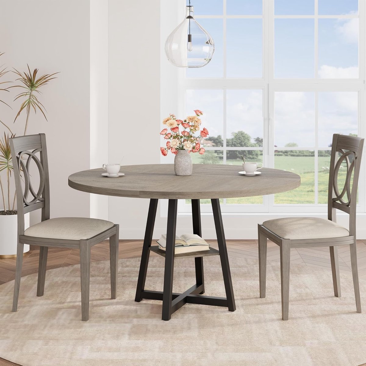 Eettafel - Ronde eettafel van 47 inch - Industriële keukentafel met voetstuk - Ruimtebesparende ronde eettafel - Met opbergplank en stevig metalen frame - Voor eetkamer, keuken, ontbijthoek, grijs - 120×120×88 cm