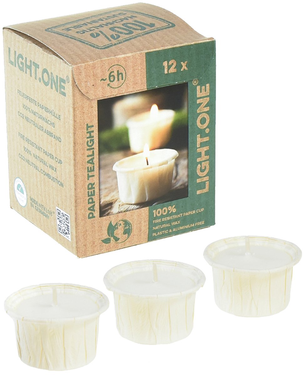 Light.one papieren theelichtjes naturel plasticvrij vegan 12 st, 12 St