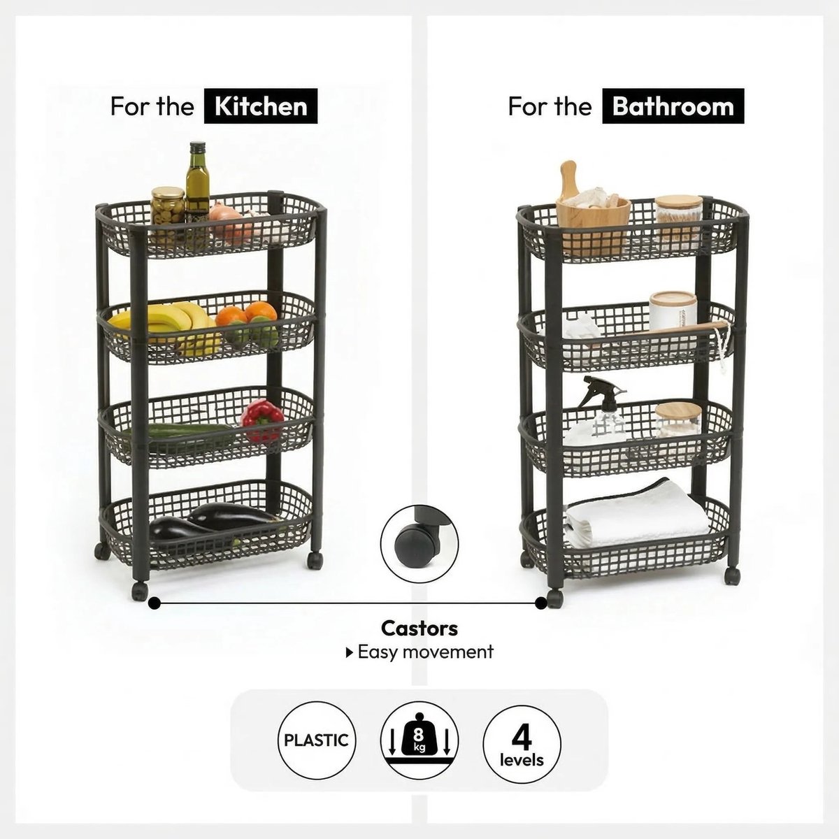 Hyfive 3 Tier Trolley Storage Cart On Wheels - Kitchen & Bathroom Utility Cart, Beauty & Barber Trolley (BLACK) - Parent Friendly