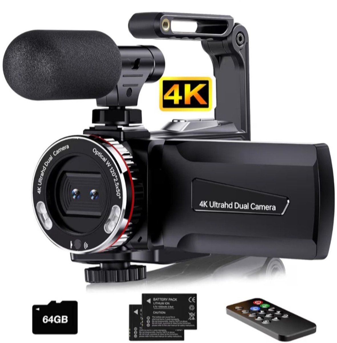 Videocamera, 4K, 64MP, camcorder, vloggingcamera voor YouTube, 21x digitale zoom, 3 inch, 270 graden draaibaar scherm, video, vlogging, dubbele camera met 64 GB kaart, microfoon, stabilisator