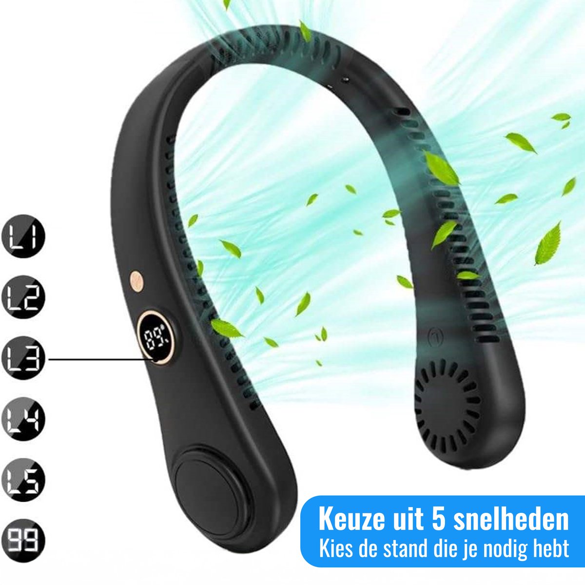 Joyage Nek Ventilator oplaadbaar - Zwart - 5 standen - Gezichtsventilator - Neck fan - Portable fan mini ventilator usb - Nekventilator met koeling Handventilator Bureau ventilator - Halsventilator Waaier handwaaier Draagbare ventilator klein — afbeelding 2
