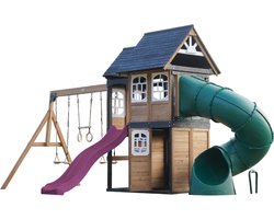 AXI Noud Speeltoestel met Speelhuis, Schommels, Trapeze, Klimwand – Met Bank – Paarse Glijbaan – Met Buisglijbaan - FSC 100% hout – Speeltoestel voor de tuin / buiten