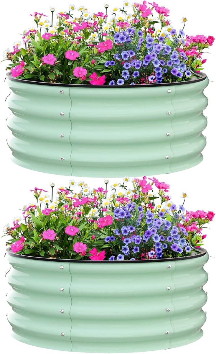Set van 2 Ronde Verhoogde Moestuinbakken - Kweekbakken van Verzinkt Staal - Plantenbak Zonder Bodem voor Groenten & Kruiden - Ø 61 x 30.5 cm - Groen