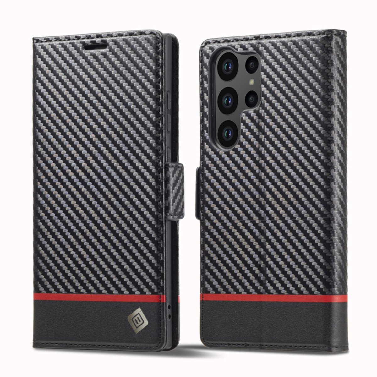 Luxe BoekCover Hoes Etui geschikt voor Samsung Galaxy S26 ULTRA - Zwart - Rood - Carbon