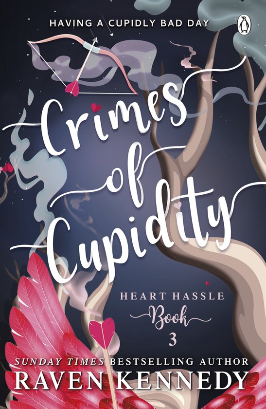 Couverture du livre 'Crimes of Cupidity' avec un arc, des flèches, des ailes et le titre en lettres blanches.
