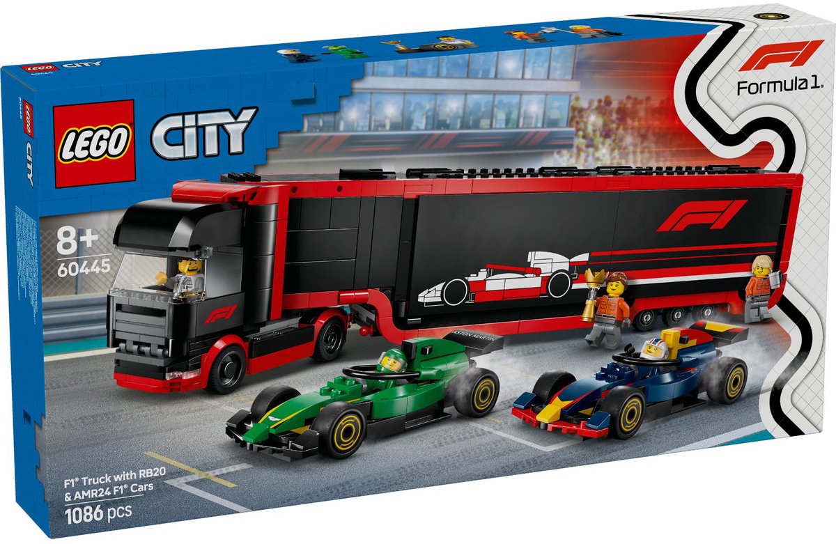 LEGO 60445 City F1 truck met RB20 en AMR24 F1 auto's