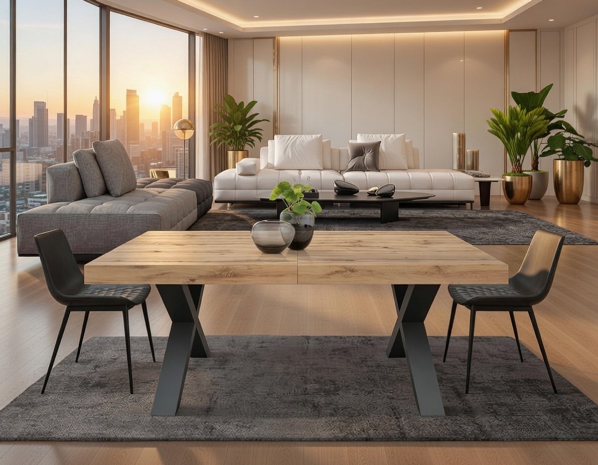 Uittrekbare Eettafel Marco – Rustieke Eiken met Zwarte X-Poten – 180x90x76 cm – Tafel voor Woonkamer of Keuken – Casa Serena