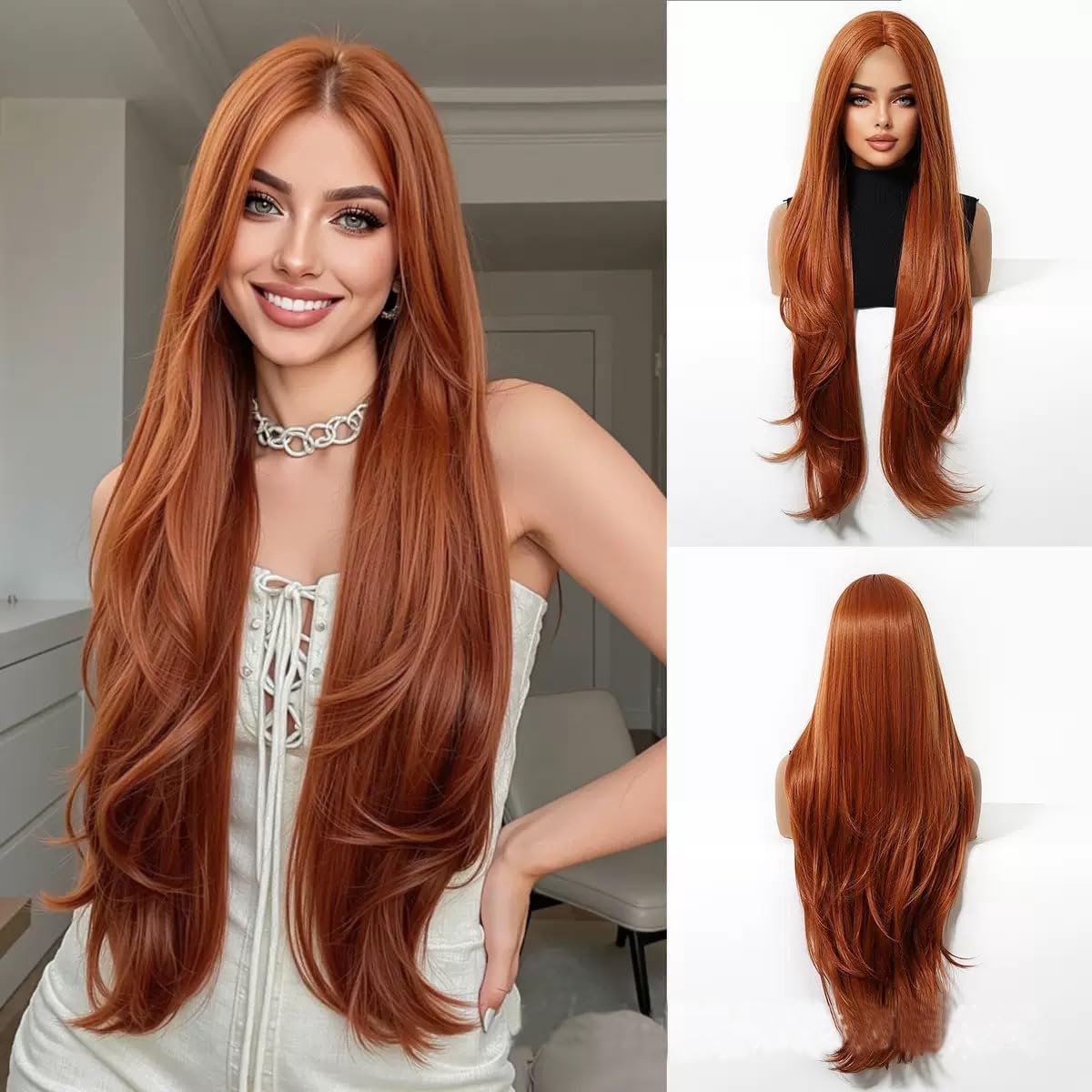 Daity 32-inch oranje steil haar pruik voor dames – natuurlijke en realistische synthetische pruik, zachte lange krullen, hittebestendige vezels, geschikt voor dagelijks gebruik en cosplay (oranje).