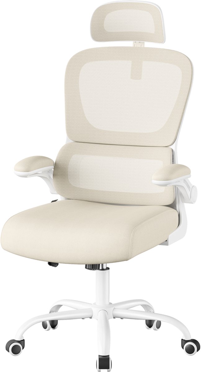 Ergonomische bureaustoel – Mesh-bekleding – Inklapbare armleuningen – Verstelbare lenden- en hoofdsteun – Beige – 64 x 71,5 x (116-135) cm