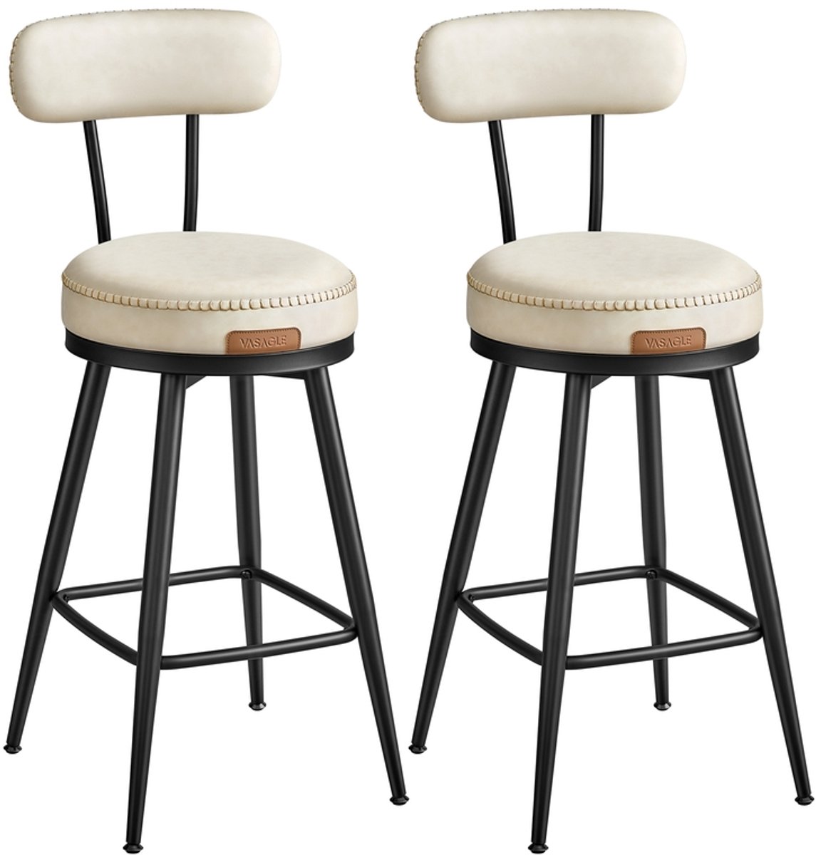 Barkrukken – Set van 2 – Draaibaar met rugleuning – Kunstleer – Crèmewit – 65 cm zithoogte