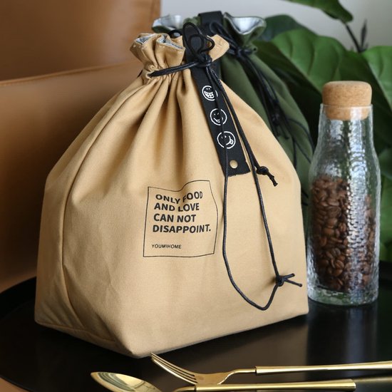 Canvas lunchtas met trekkoord, geïsoleerde lunchtas, Japanse stijl, bento-tas, herbruikbare lunchtas, geïsoleerde handtas met handvat en trekkoordsluiting voor dames, werk, picknick of reizen (GEEL) — afbeelding 3
