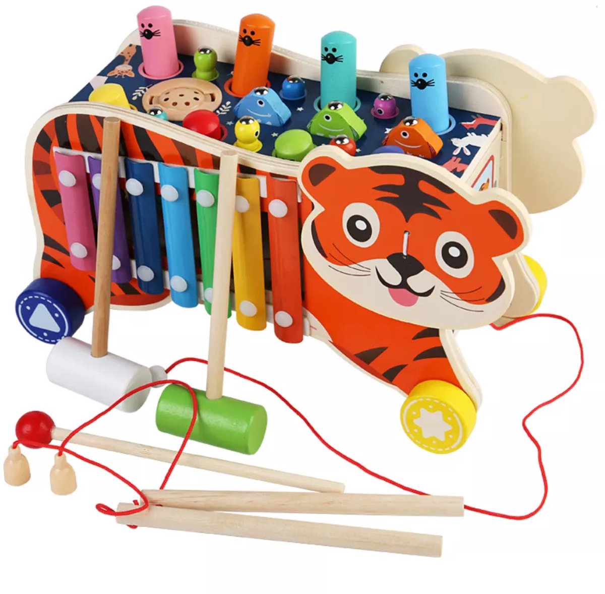 Houten Tijger Speelgoed 8-in-1 – Xylofoon, Hamertje Tik & Trekspeelgoed – Educatief Montessori Speelgoed – Vanaf 1 Jaar