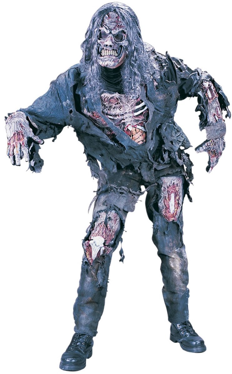 Fun World Zombie Kostuum Volwassenen Halloween Kostuum Mannen en Vrouwen 3D Zombie Outfit Horror Kostuum Verkleedkleding met Ingenaaide Botten - Unisex - 4-Delig Top/Broek/Handschoenen/Masker met Pruik - One Size