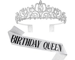 DRESHOW Birthday Crown and Sash for Women Birthday Queen Sash & Rhinestone Tiara Suit Birthday Tiaras and Sashes for Girls Birthday Decorations Hair Accessories Glitter Sash for Party