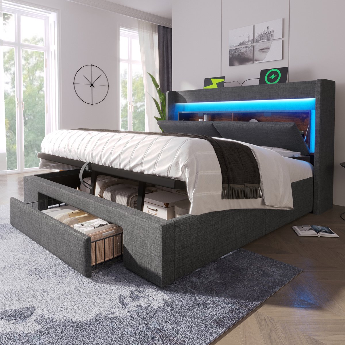 Wishdor Gestoffeerd Bed - 180 x 200 cm - Hydraulische Opbergruimte - Hoofdbord met USB en USB-C - LED - Linnen - Grijs - Luxe Slaapcomfort
