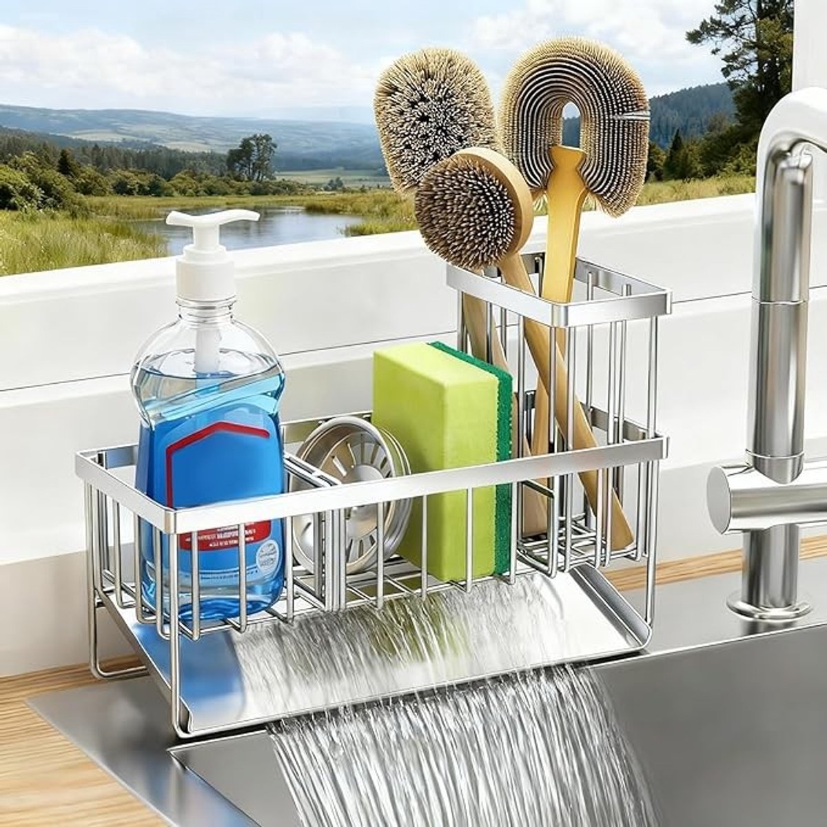 Keukenorganizer voor spoelbak met ventilatieopeningen en afvoerpan
