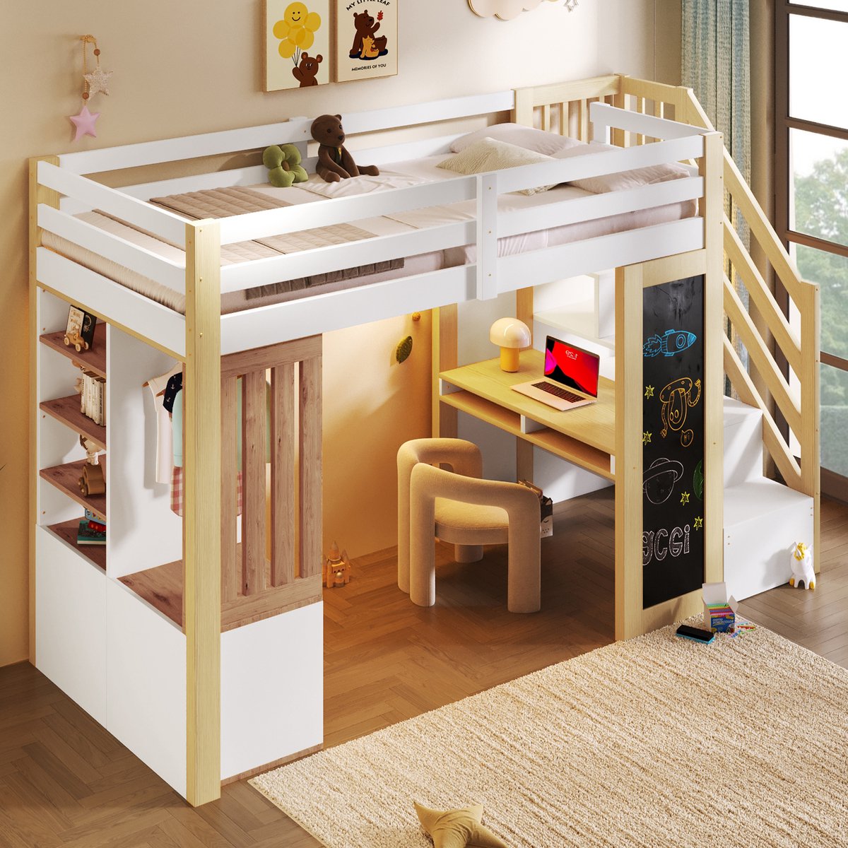Wishdor Hoogslaper - 90 x 200 cm - Bureau en Opbergrekken - LED en Krijtbord - Hout - Wit en Naturel - Creatieve Slaap- en Speelplek