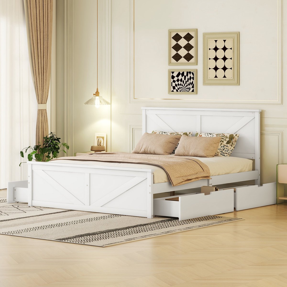 Wishdor Houten bedframe 160x200 cm - Hoofdbord & 4 uitneembare lades - Grenenhout en MDF - Wit - Praktische opbergruimte voor de gezinskamer