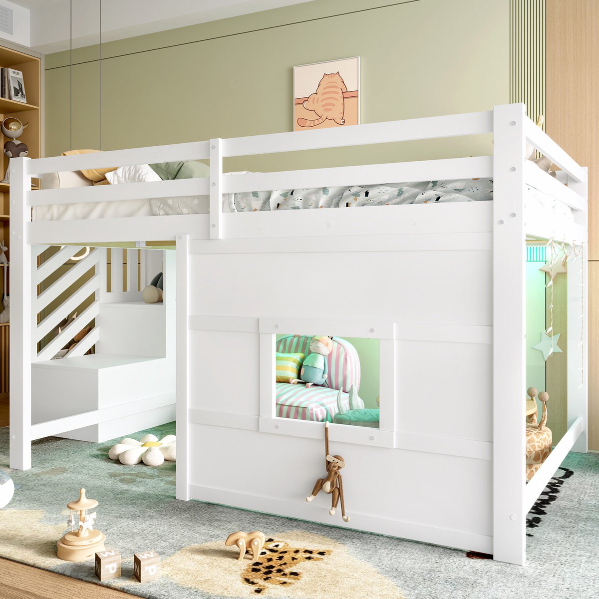 Wishdor Hoogslaper 140x200 cm - Opbergtrap & raamontwerp - Led-hoofdbord - MDF en grenenhout - Wit - Jouw droomkamer met opbergtrap