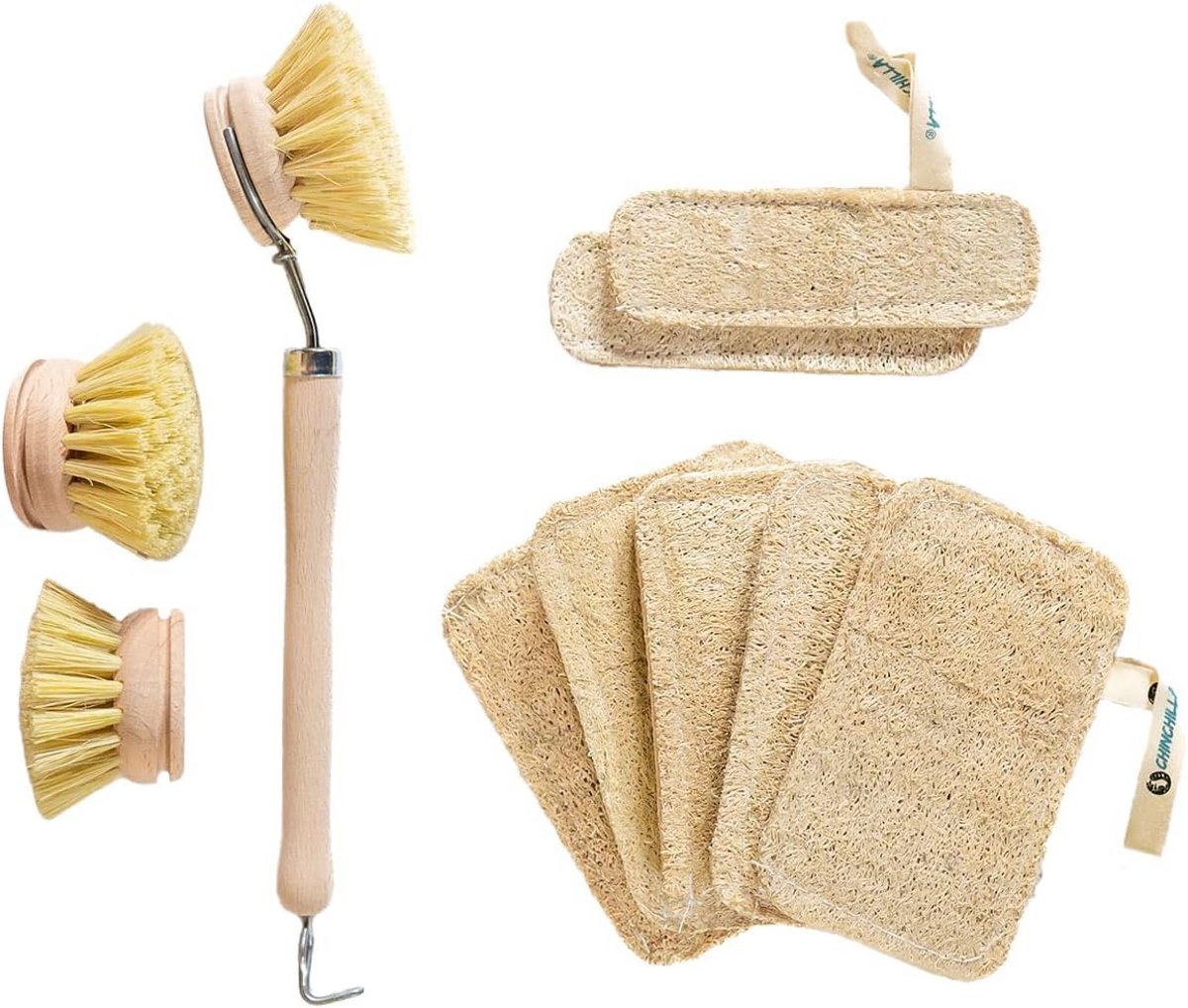 Set van 8 Loofah Sponsen en Keukenborstel met Vervangbare Heads