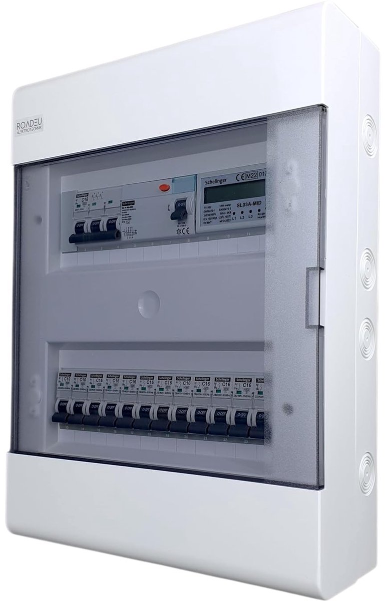 Aardlekautomaatkast met energiemeter – 3-fase groepenkast met 40A aardlekschakelaar – C10A/C16A automaten – Voorbedrade verdeler IP44 voor wandmontage