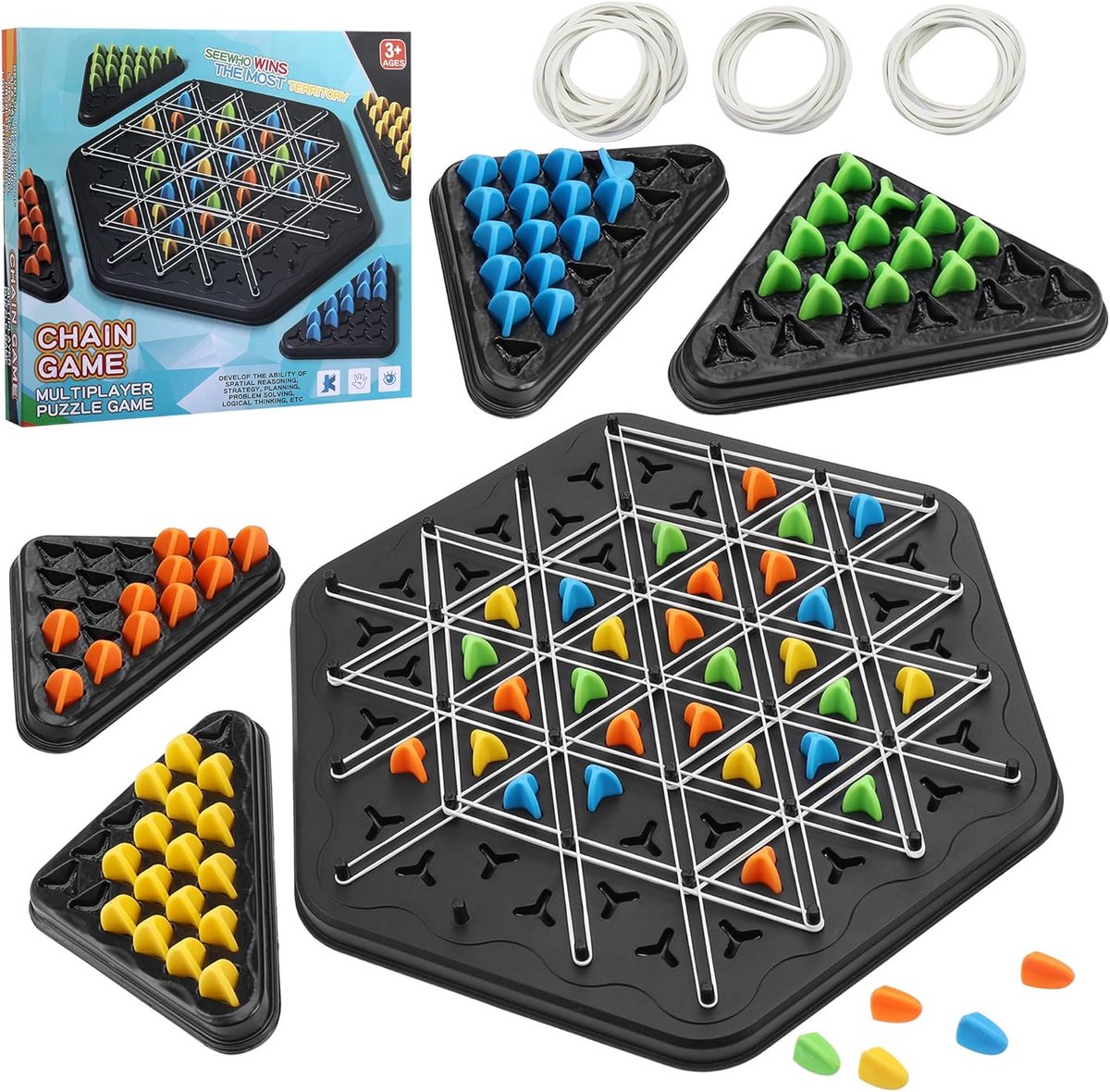 Driehoekig schaakspel voor 2-4 spelers - Strategisch knoop-logic-spel met elastieken