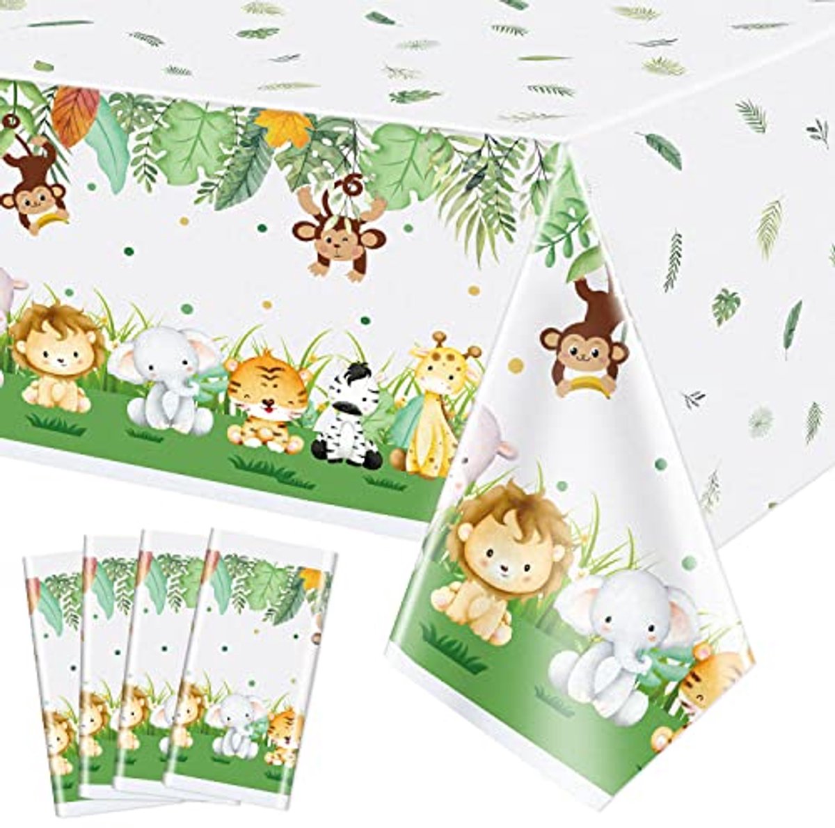 Ultiluxe® Tafellaken - Dierentuin Dieren Tafelkleed - Tafeldecoratie - 130 x 220 cm - Dieren Thema - Waterafstotend - Kunststof - Wegwerp - Voor feestjes en verjaardagen - Groen/Wit