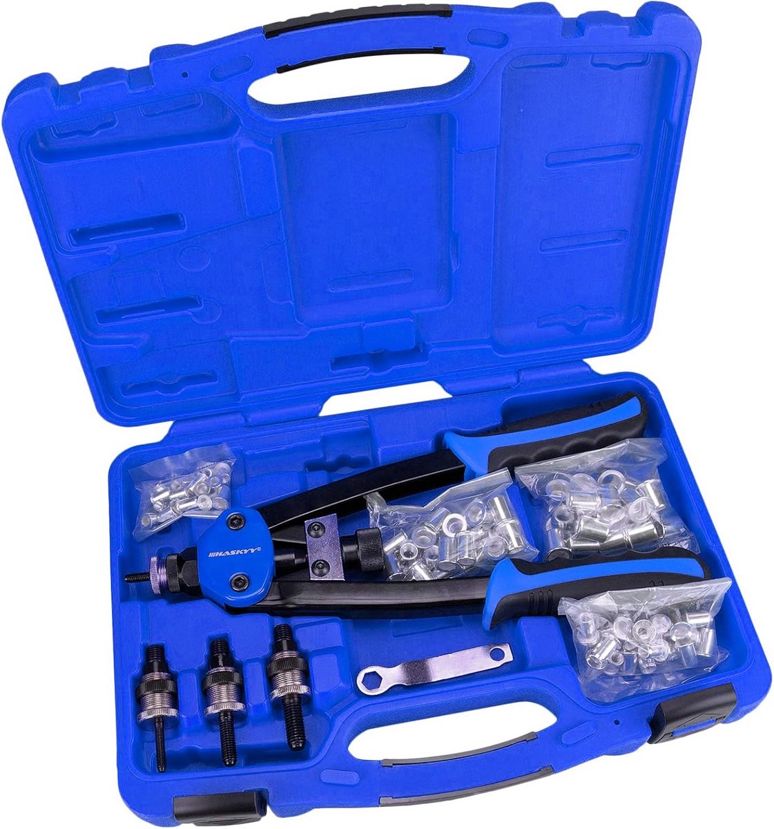 Professionele heavy duty klinknageltang met 80 klinkmoeren voor blinde klinknagels en klinkmoeren