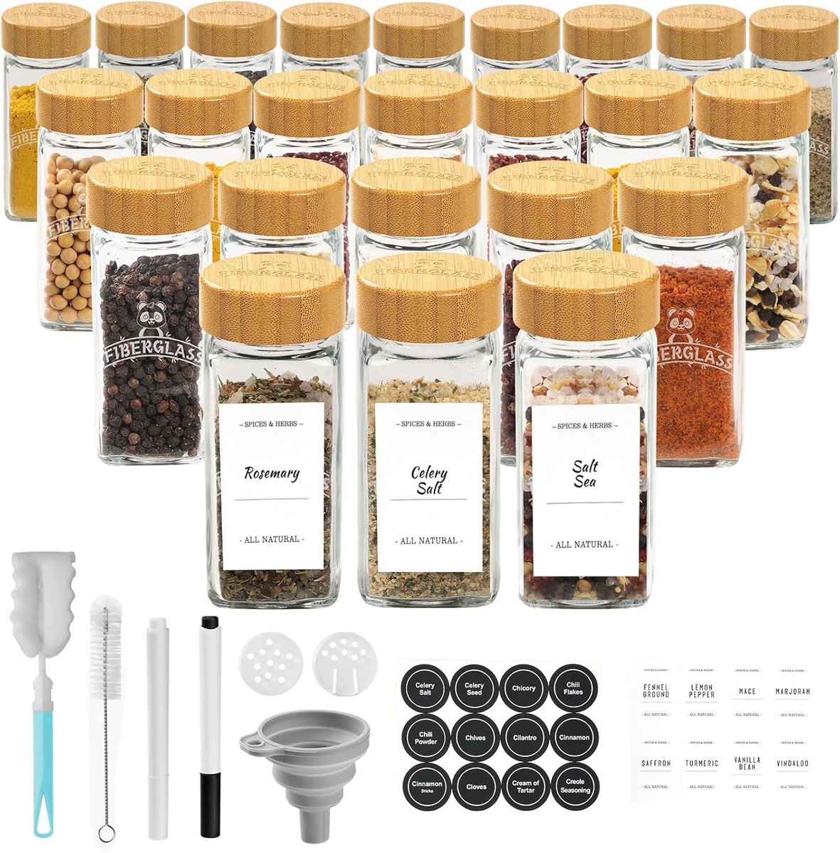 Set van 24 vierkante specerijglazen 120 ml met bamboe deksels en labels