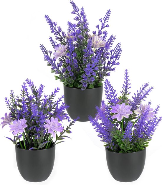 Hixava 3 stuks kunststof lavendelplanten, kleine kunstplanten met pot, groene kunstlavendel, 20 x 13 cm, in pot, indoor decoratie, kunstplanten, net echt voor bruiloft, verjaardag, tuin
