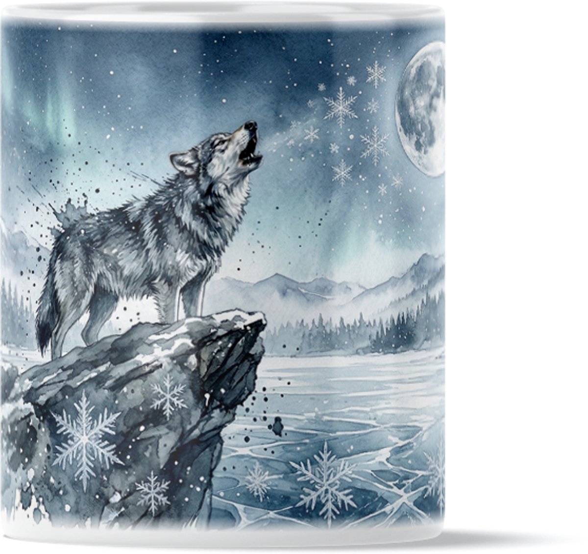 Aquarel Series Koffiemok met Huilende Wolf in Sneeuwlandschap met Volle Maan - Theemok voor Kantoor & Bureau - Unieke Dieren Drinkbeker Winter Ontwerp - Origineel Cadeau voor hem & haar: Vrouw, Vriend, Vriendin of Collega - Natuur & Dieren