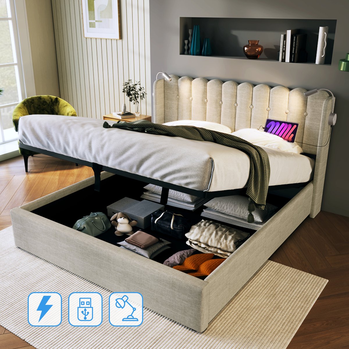MIVRAY Gestoffeerd Bed 140x200 Cm - Tweepersoonsbed Met Leeslamp En USB Aansluiting - Met 