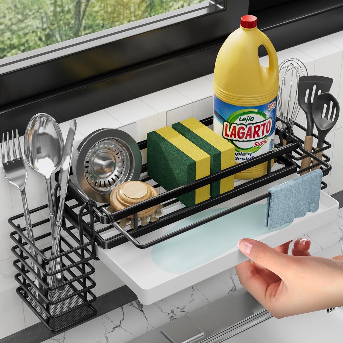 Keuken Gootsteenorganizer met Lekbak en 2 Houders - Hangend en Zelfklevend