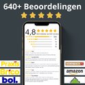 Screenshot van een smartphone met een productbeoordeling van 4,8 sterren uit 642 reviews, met logos van Hornbach, Amazon en Leroy Merlin.