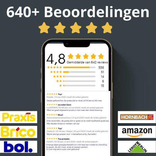 Screenshot van een smartphone met een productbeoordeling van 4,8 sterren uit 642 reviews, met logos van Hornbach, Amazon en Leroy Merlin.