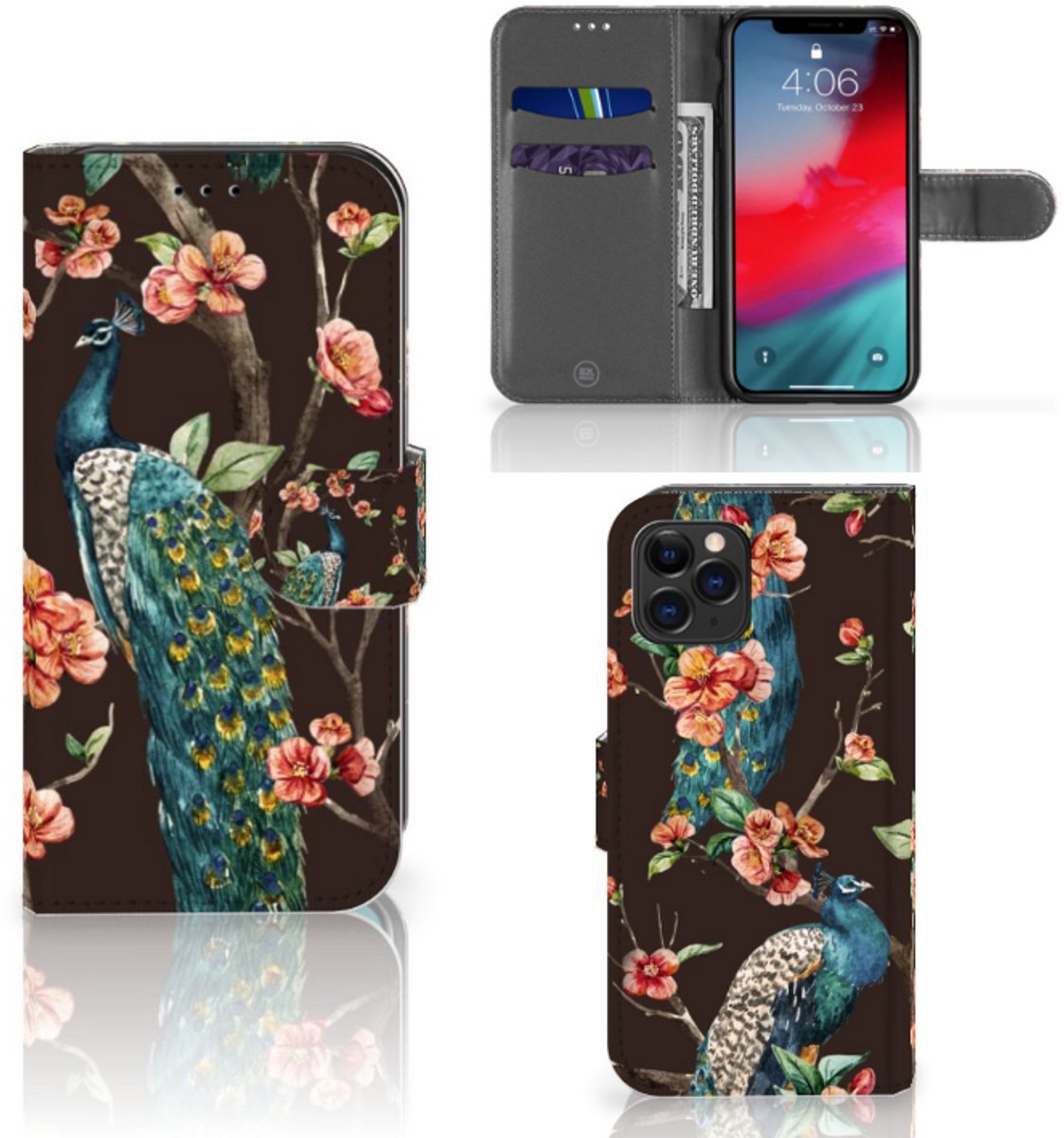 Apple iPhone 11 Pro Telefoonhoesje met Pasjes Pauw met Bloemen