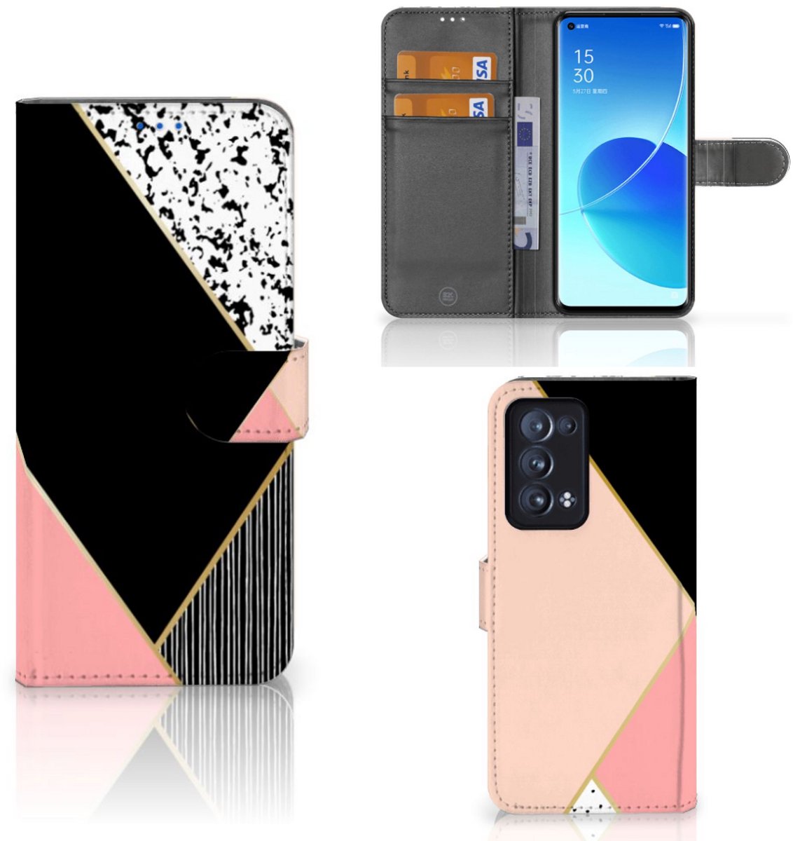 OPPO Reno 6 Pro Plus 5G Book Case Zwart Roze Vormen