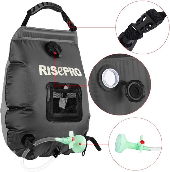 Douchetas op zonne-energie, 5 gallon/20 l Verwarming op zonne-energie Premium kamperen Warm water 45 °C aan/uit schakelbare douchekop Wandelen Klimmen van RISEPRO — afbeelding 4