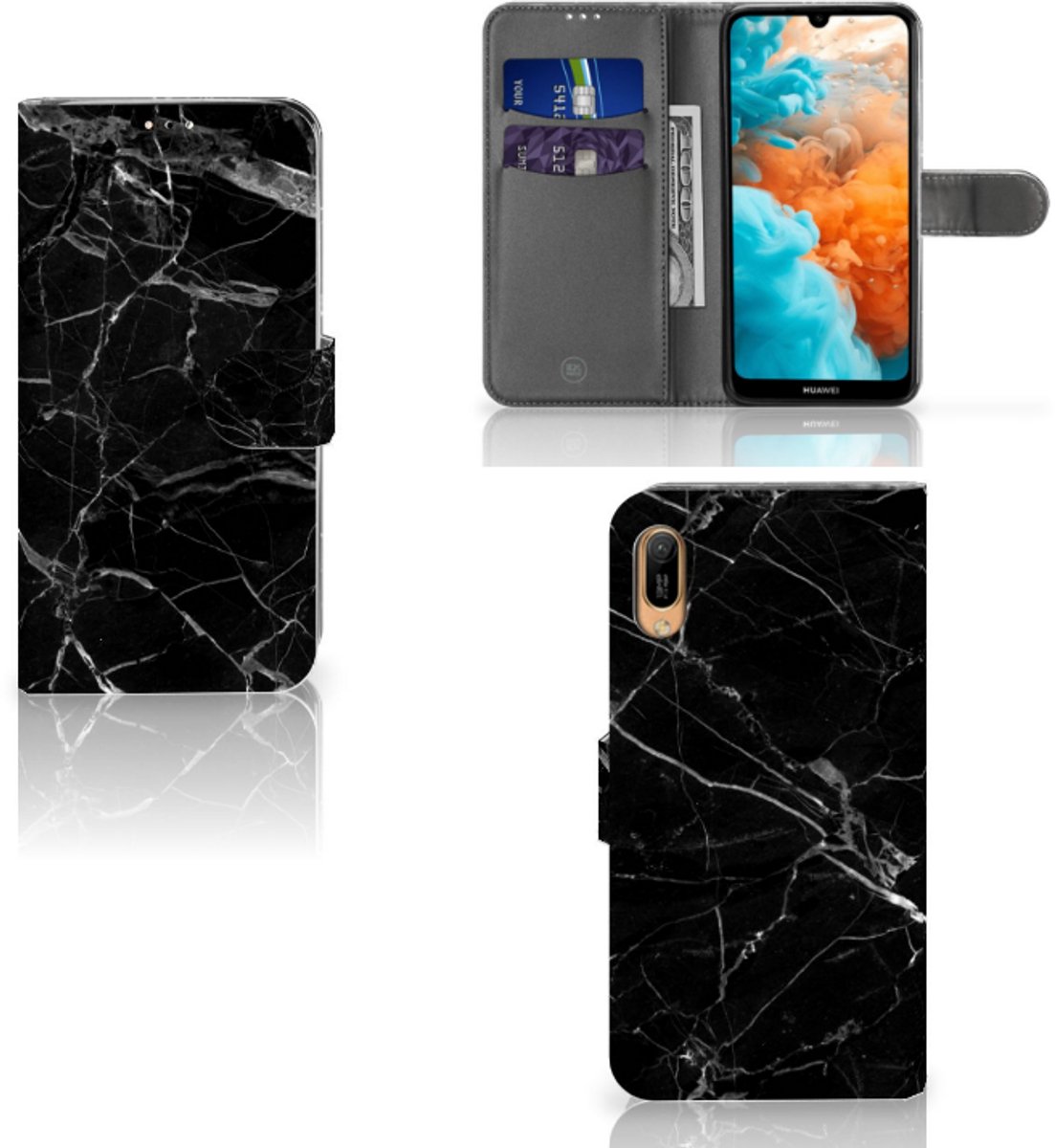 Huawei Y6 (2019) Bookcase Marmer Zwart - Origineel Cadeau Vader