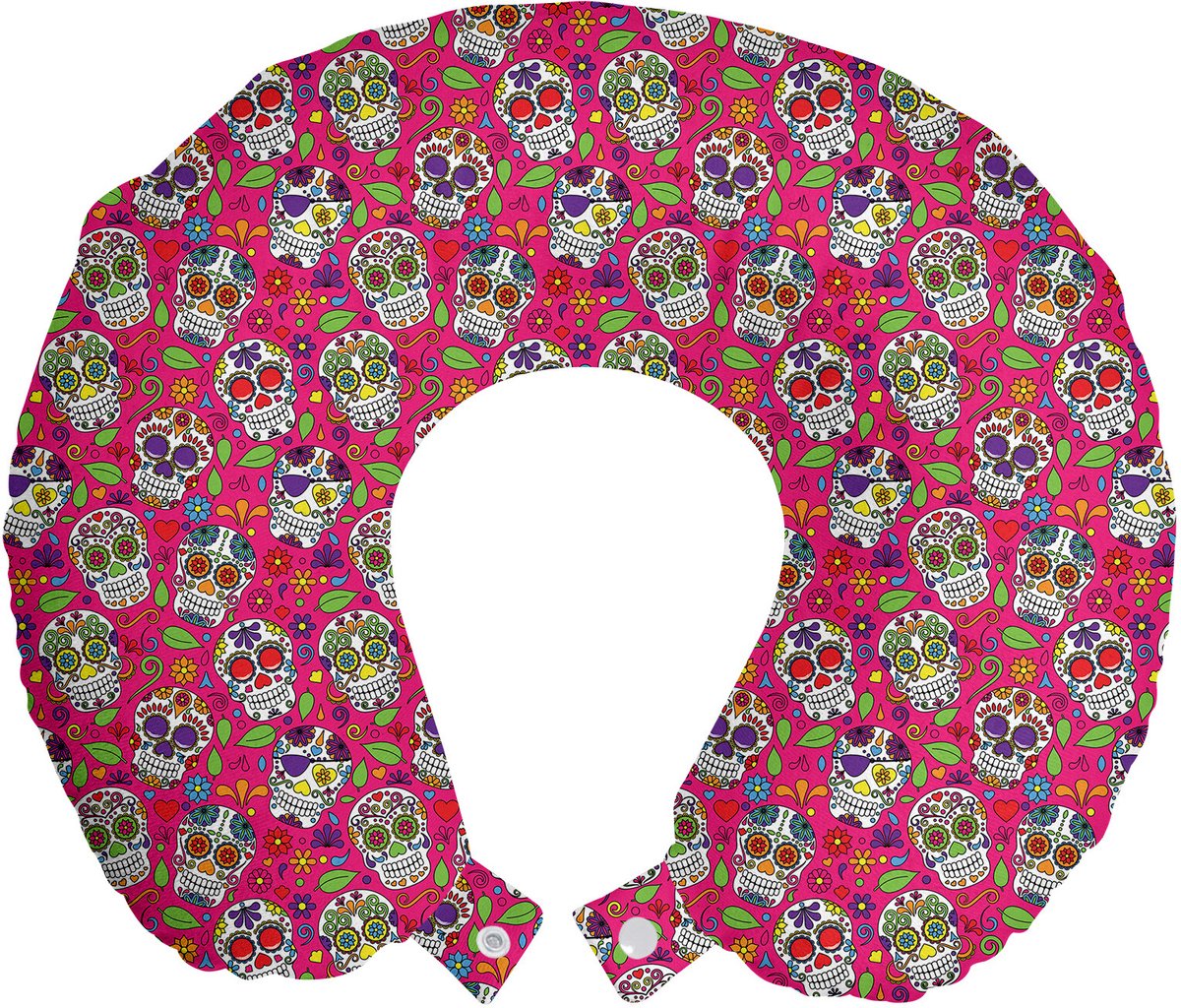 ABAKUHAUS Suikerschedel Reiskussen met Neksteun, Suikerschedel Bloemen, Schuimrubber Reisartikel voor Vliegtuig en Auto, 30x30 cm, Roze Paars Groen