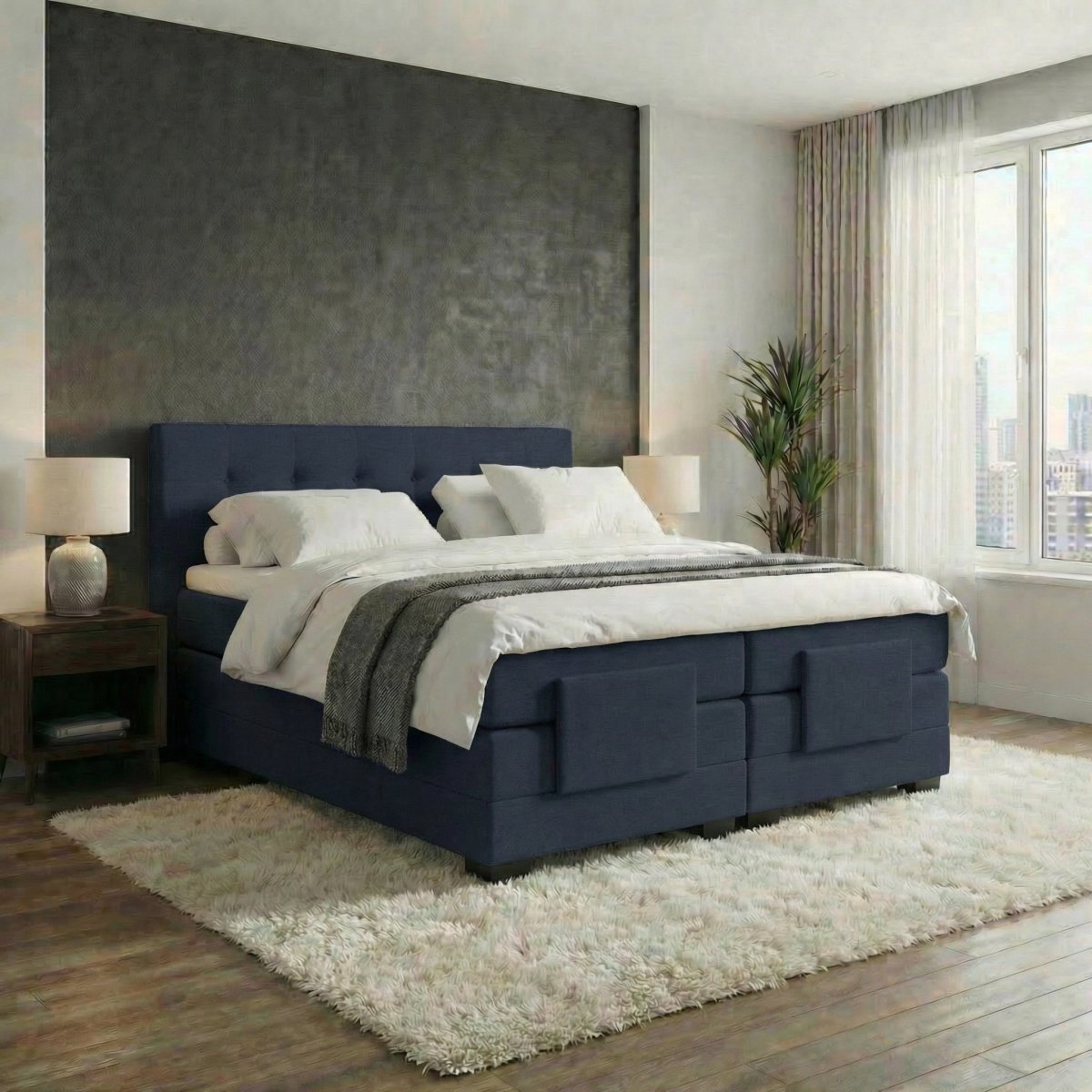 Mörgenn Elektrische Boxspring LUXA - Luxe Splittopper - Pocketvering - Donkerblauw - 90x210 cm - Inclusief Montage + Dekbed en Kussens