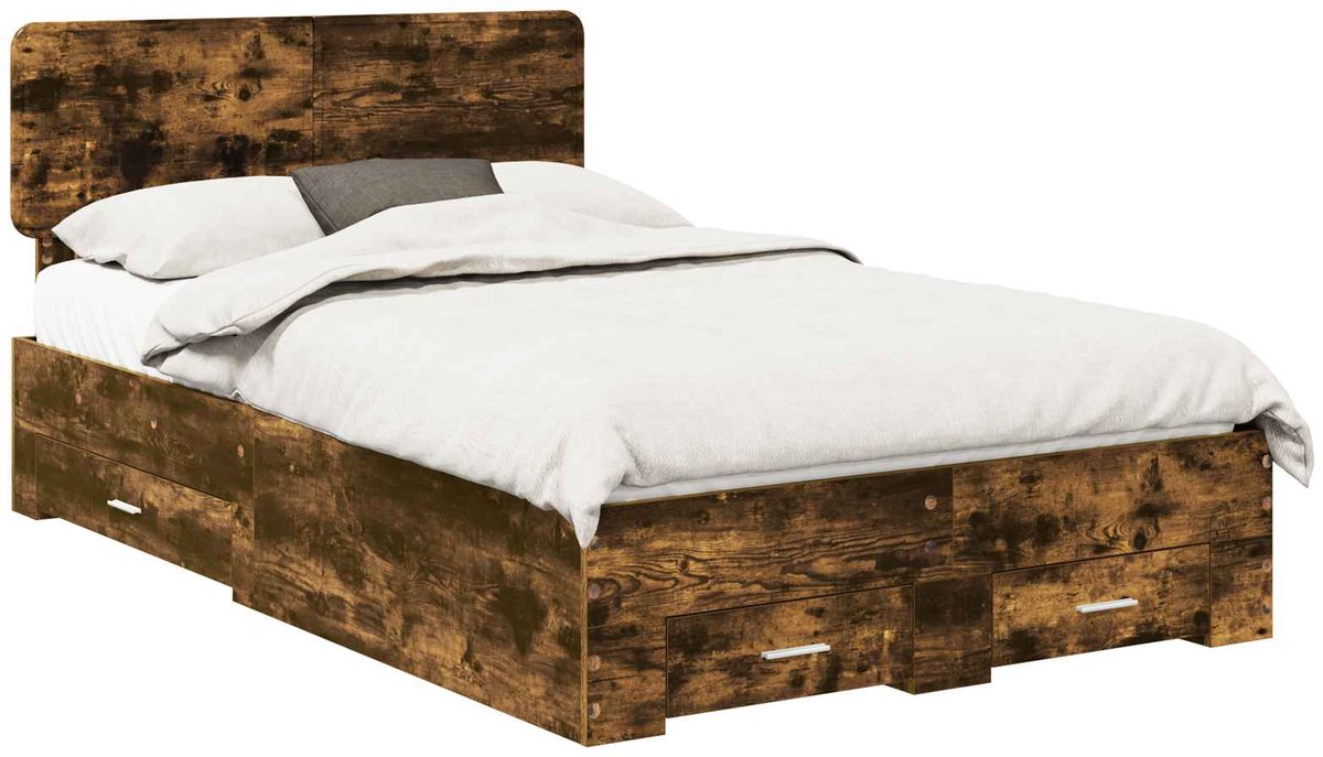 vidaXL - Bedframe - met - hoofdeinde - Rook - Eiken - 120 - x - 190 - cm - Bewerkt - hout