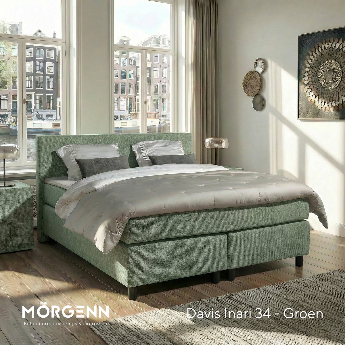 Mörgenn Boxspring Amsterdam - Pocketvering - Groen - 120x220 cm - Inclusief Dekbed en Kussens