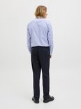 Man met lang blond haar, draagt een blauw-wit gestreept overhemd, donkere broek en schoenen. Zijaanzicht.