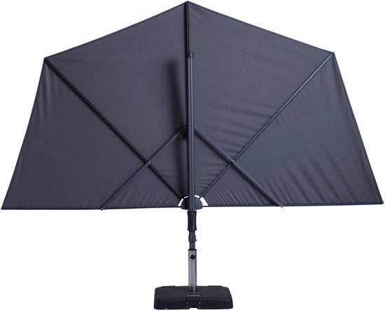 Onderkant van een donkergrijze Madison parasol, rechthoekig, open, op witte achtergrond.